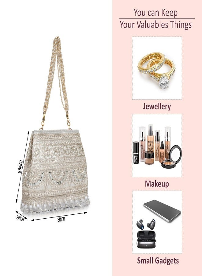 Nevis Stylish Embroidery Unique Design Traditional Wedding Party Handheld Potli Bag For Women (SILVER) - Image 4